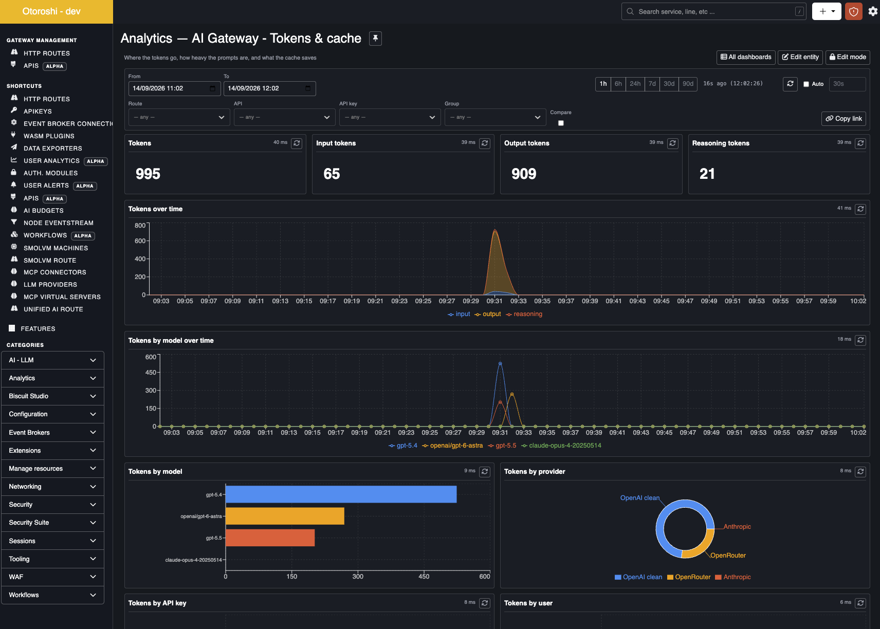 The AI Gateway tokens dashboard: input, output and reasoning tokens over time, by model and by provider