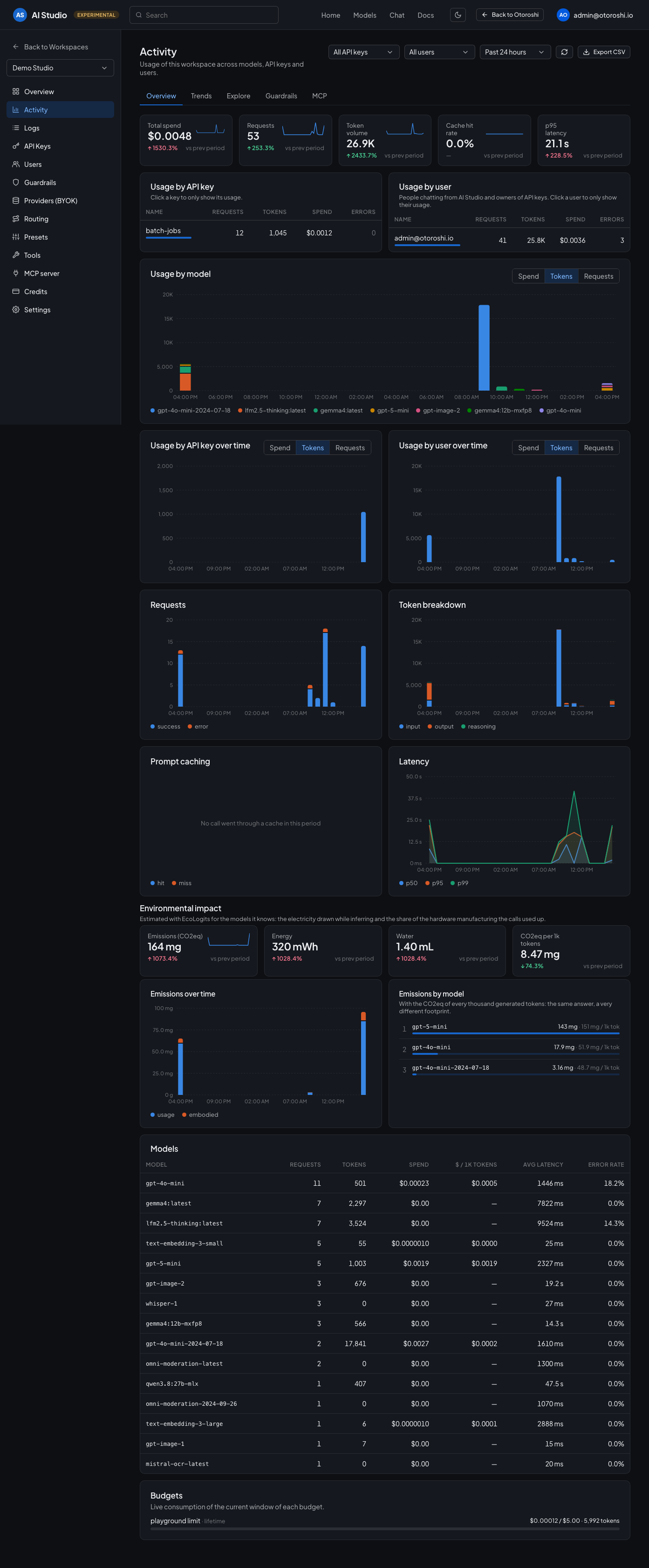 The activity dashboard of a workspace: KPIs, usage by API key, user and model, requests, tokens, caching and latency