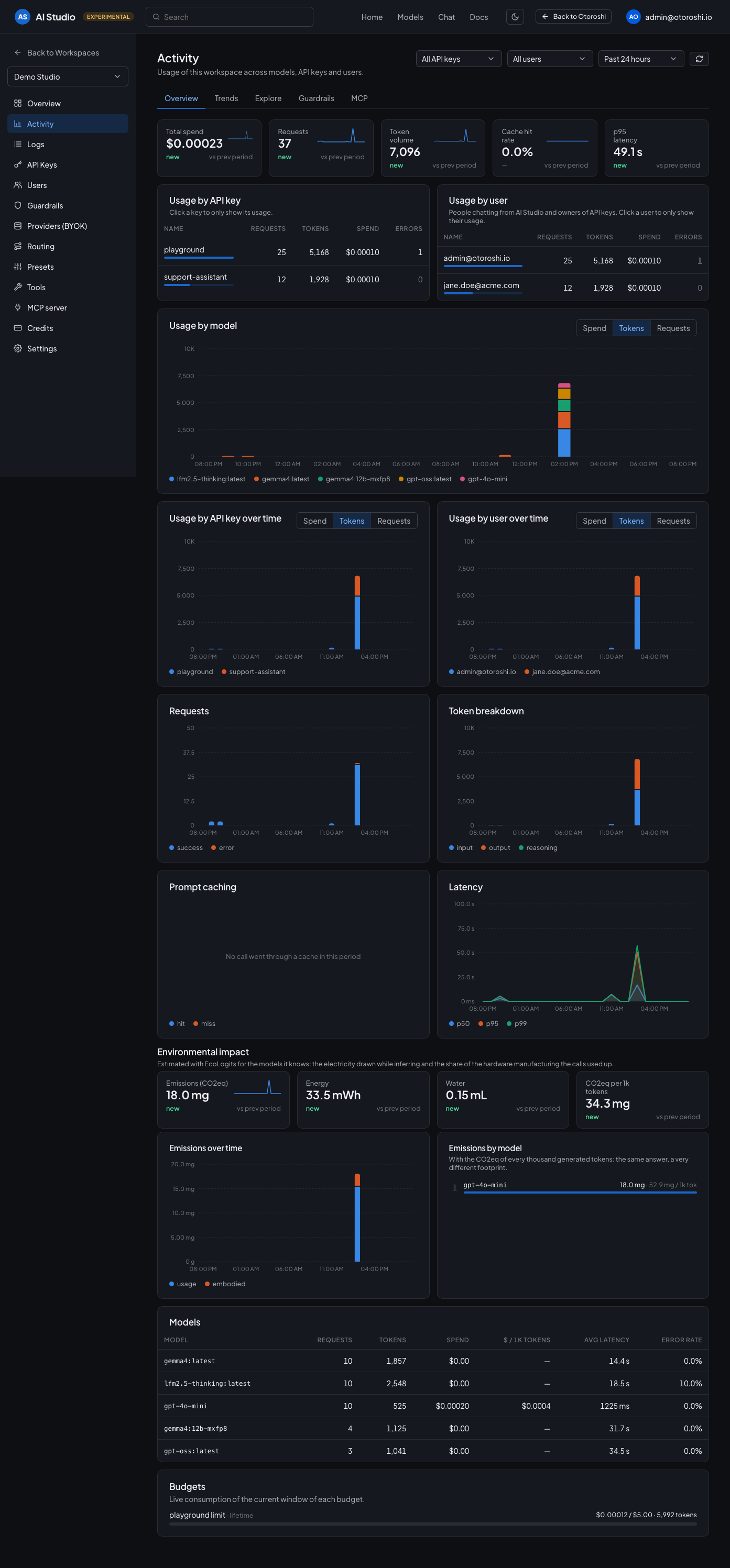 The activity dashboard of a workspace: KPIs, usage by API key, user and model, requests, tokens, caching and latency