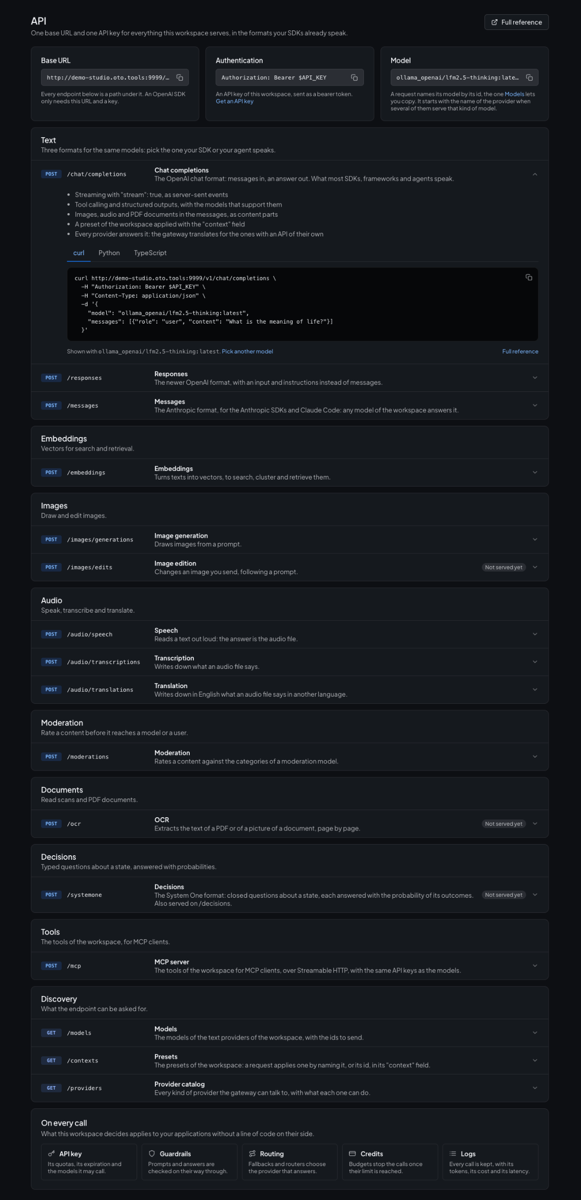 The API page of a workspace: base URL, authentication, and every endpoint with its snippet
