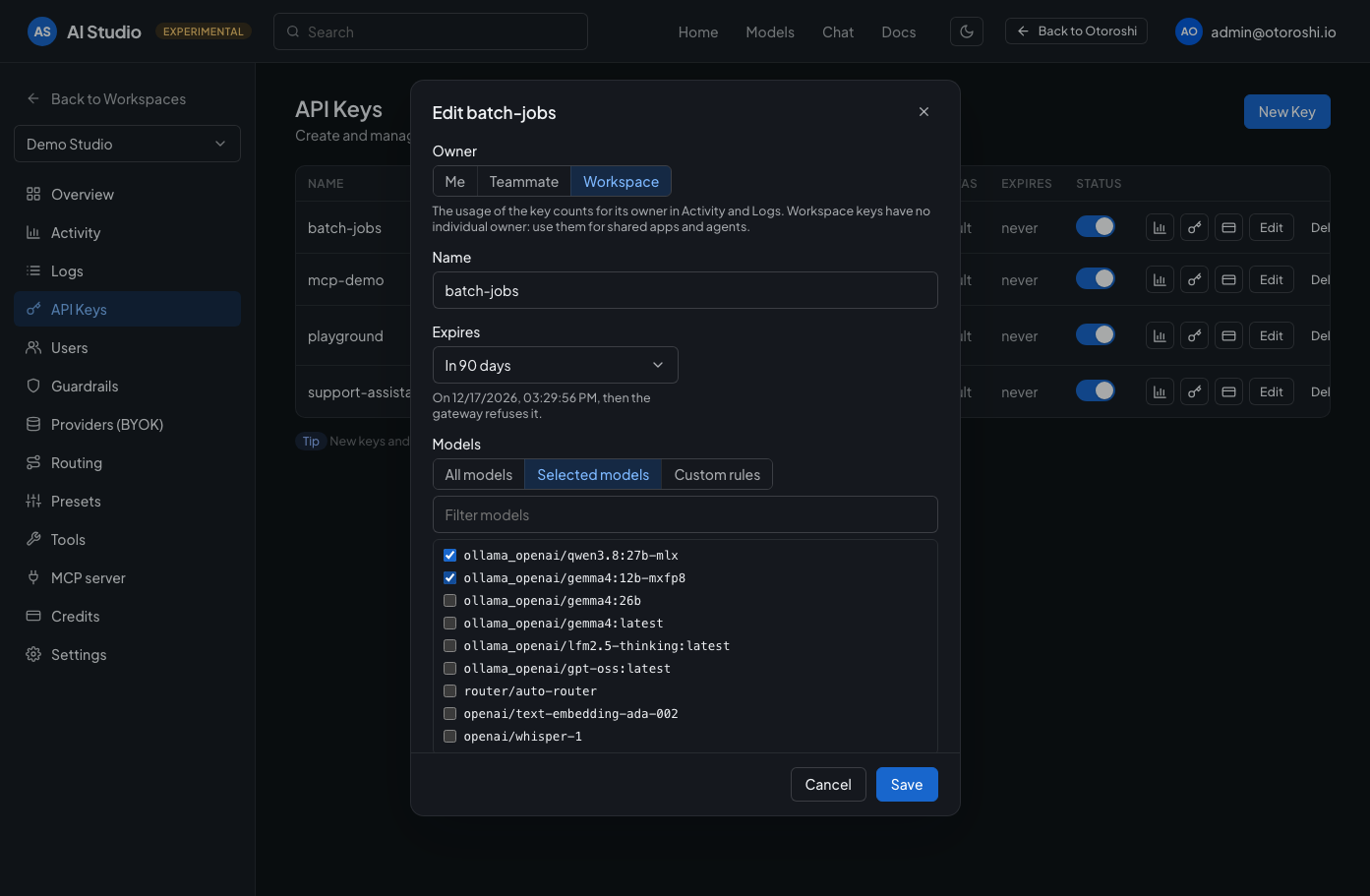 Editing an API key: owner, expiration, the models it may call, credit limit and quotas