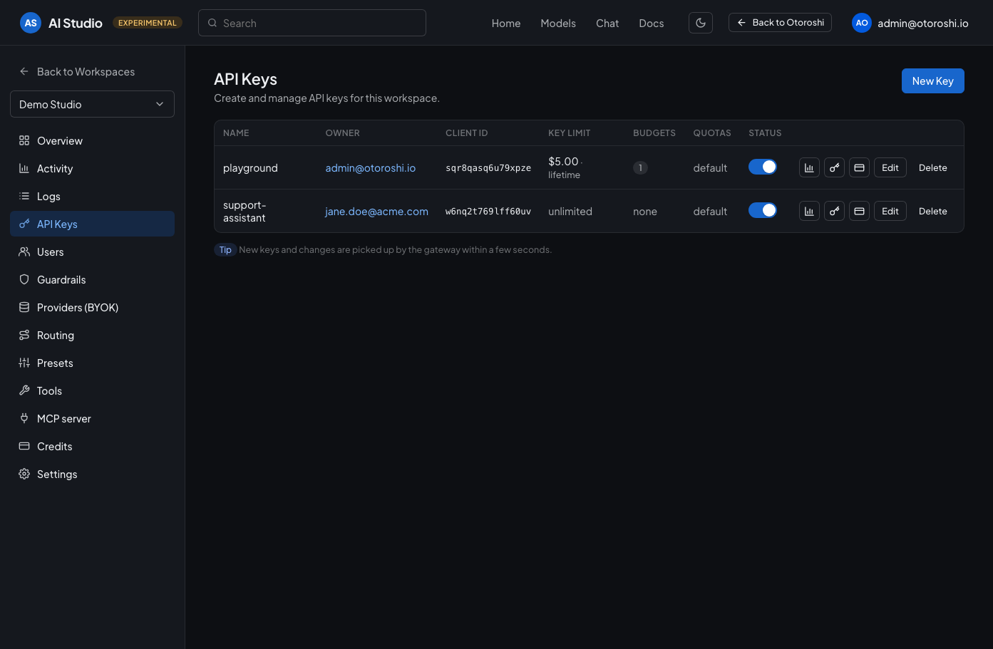 The API keys page of a workspace