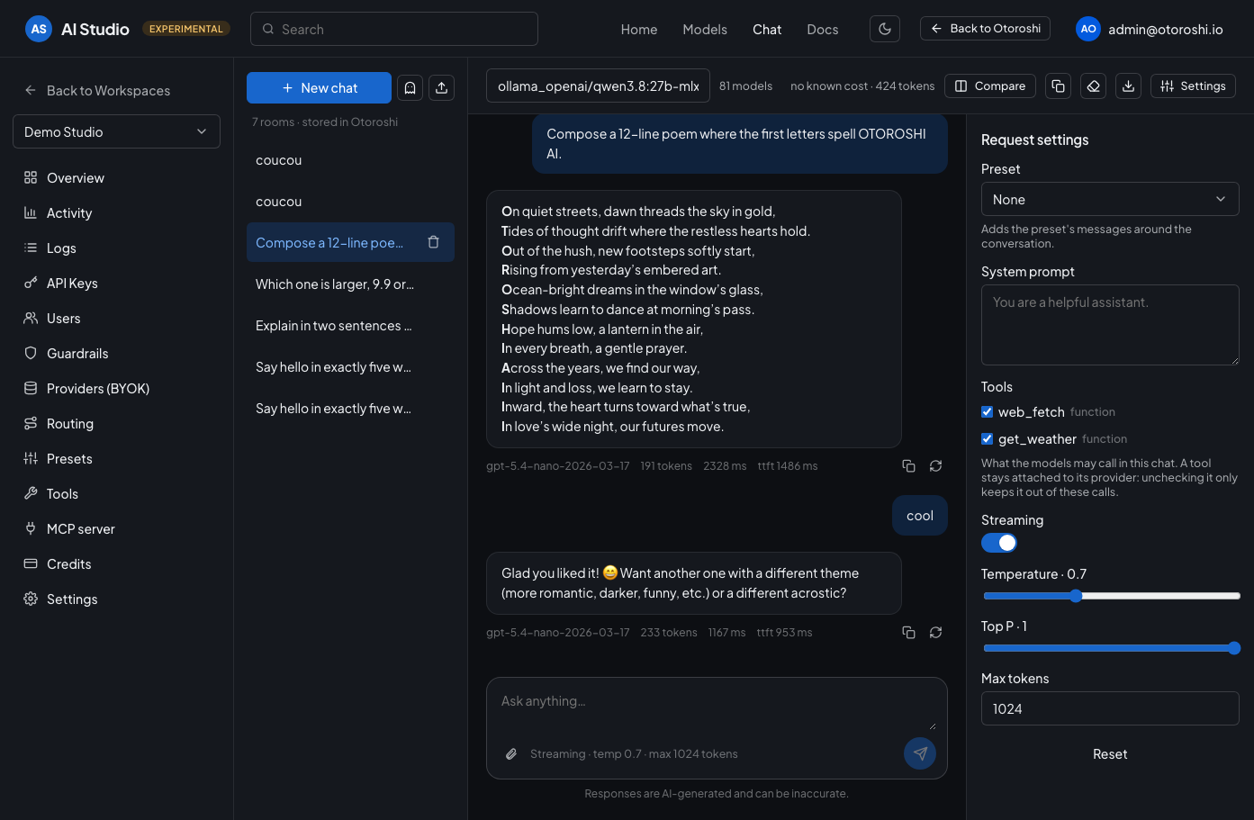The AI Studio chat with its conversations, model picker and request settings