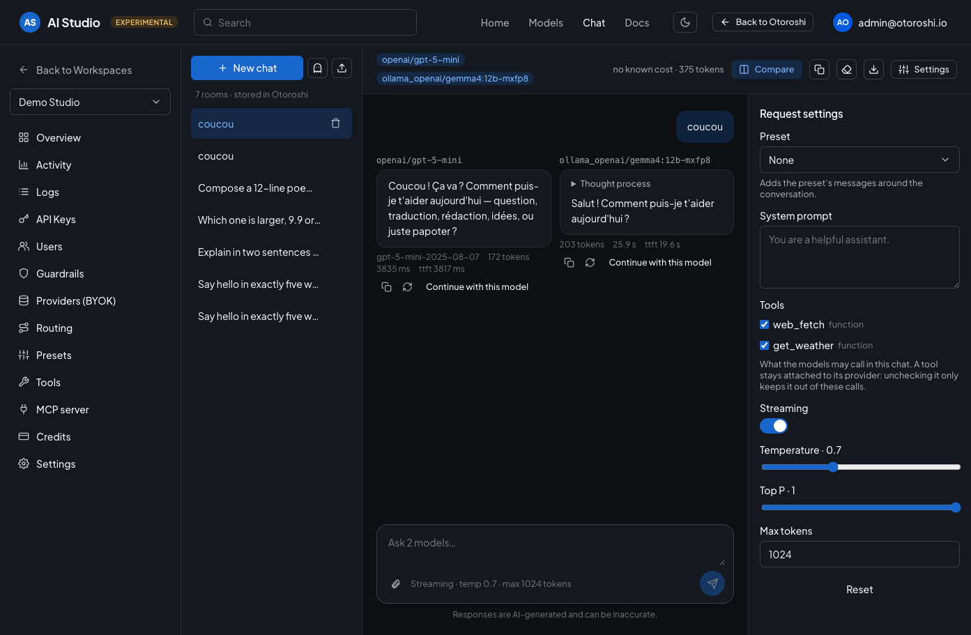 Two models compared side by side in the chat, each with its answer, tokens, latency and time to first token
