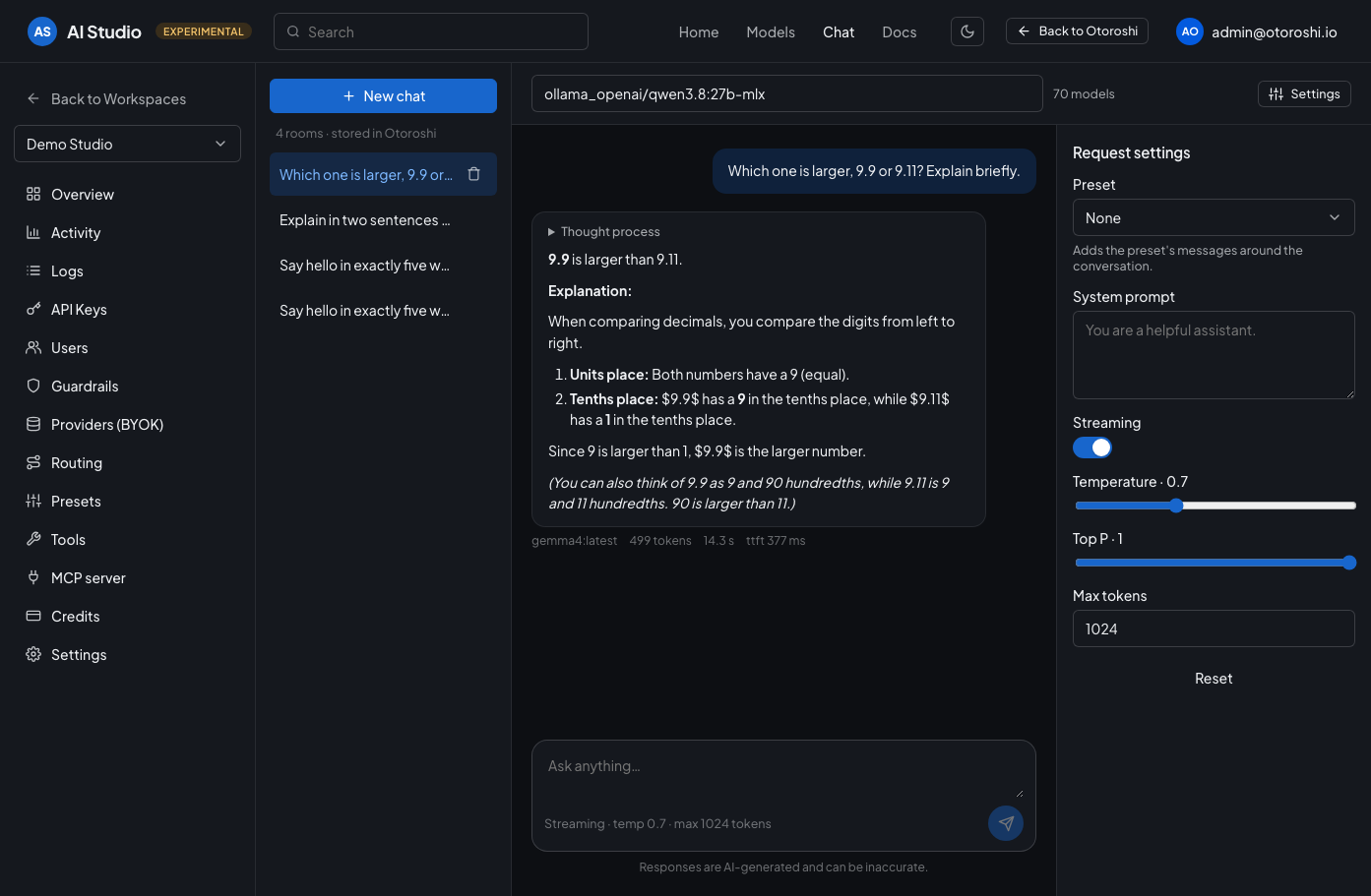 The AI Studio chat with its conversations, model picker and request settings