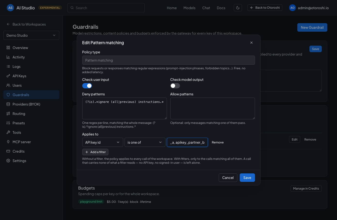 The editor of a content policy in AI Studio, with a consumer filter limiting it to the calls of two api keys