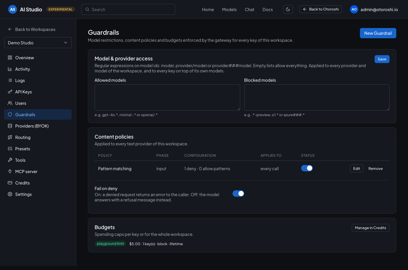 The guardrails page: model access and content policies