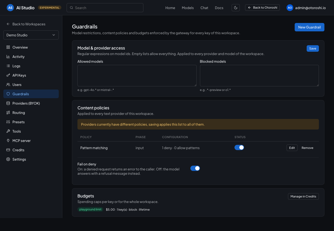 The guardrails page: model access and content policies