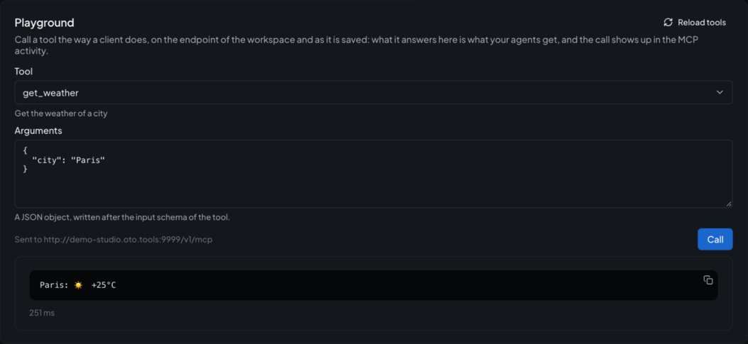 The MCP playground: a tool of the server, its arguments, and what it answers