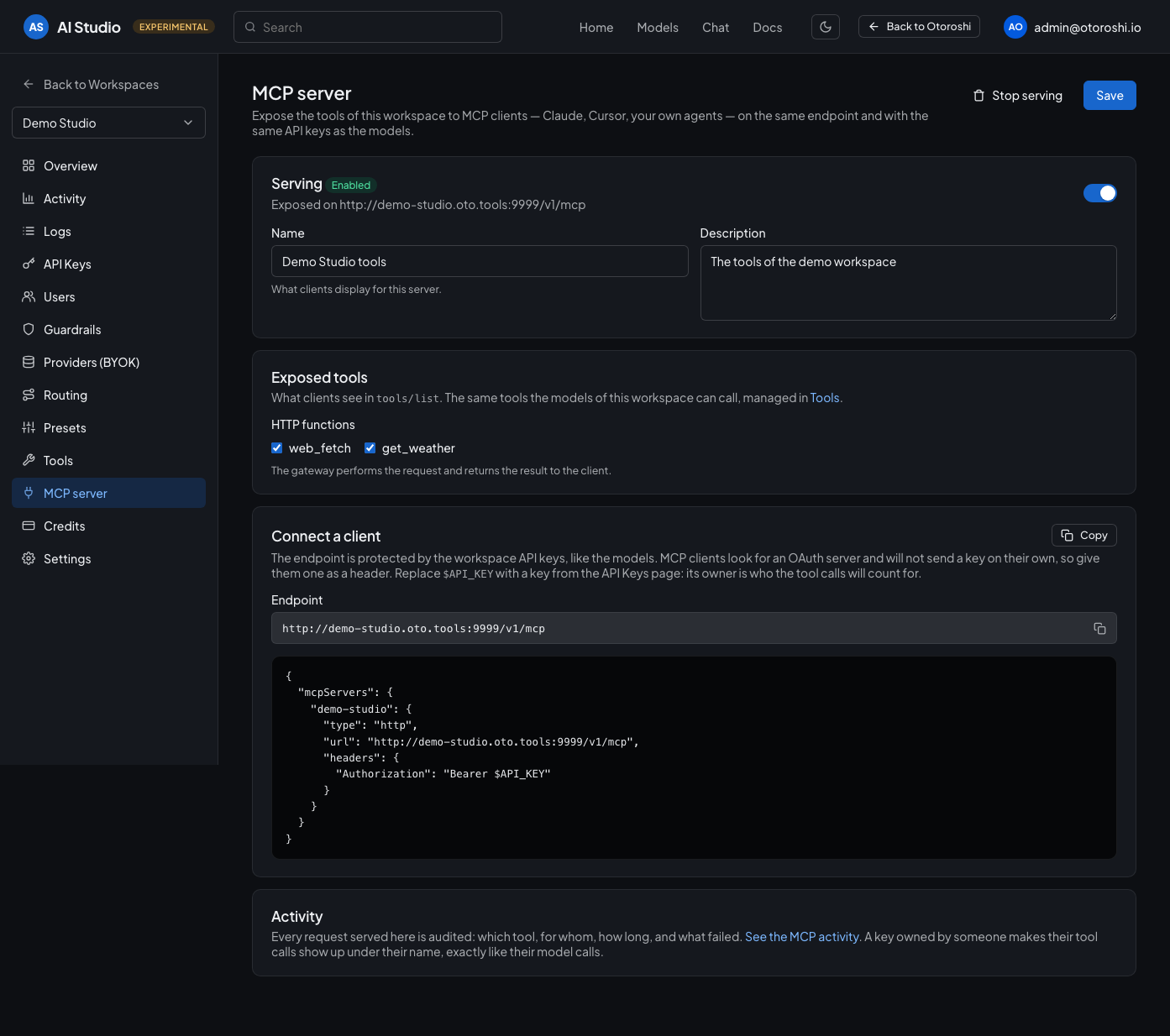 The MCP server page of a workspace: exposed tools and the configuration to paste in a client