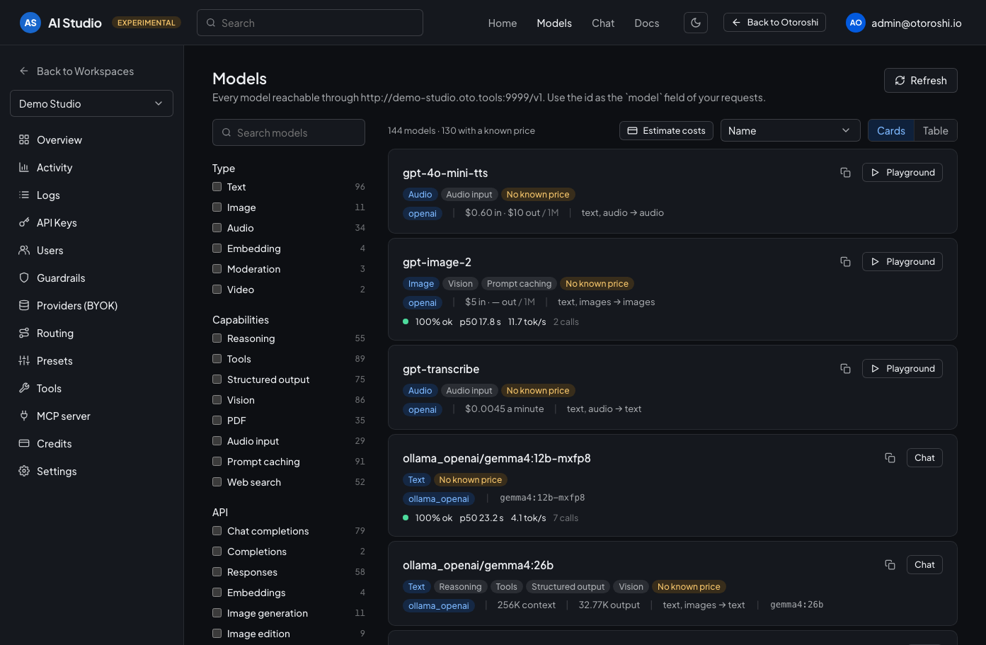 The models page listing every model reachable through the workspace