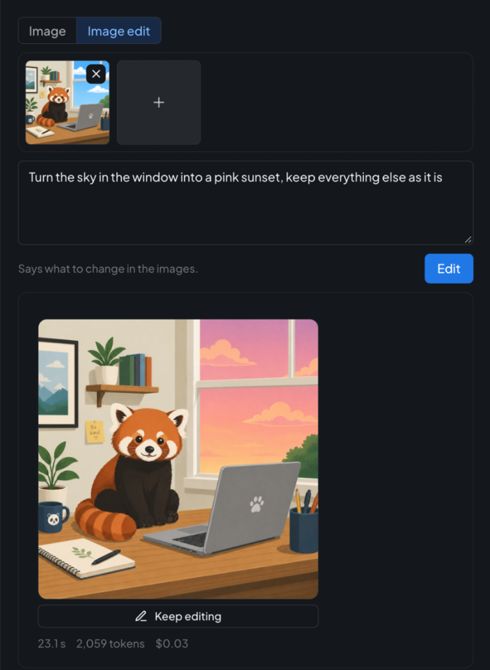 The image edit playground: the picture to change, what to change in it, and the picture the model gives back