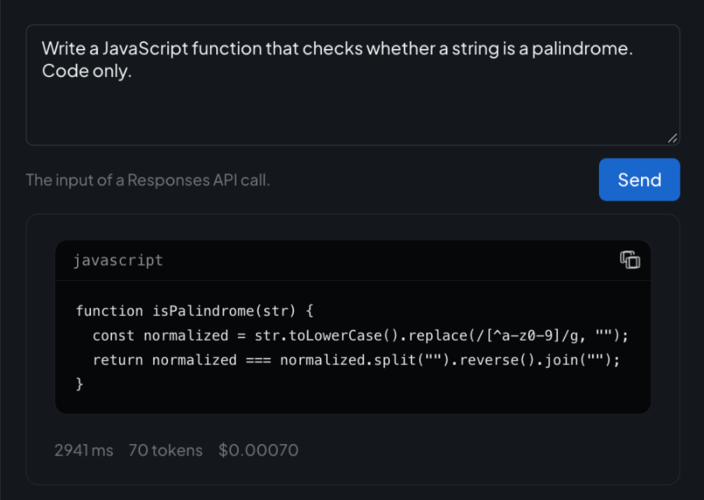 The Responses playground of a codex model: an input, and the code it writes