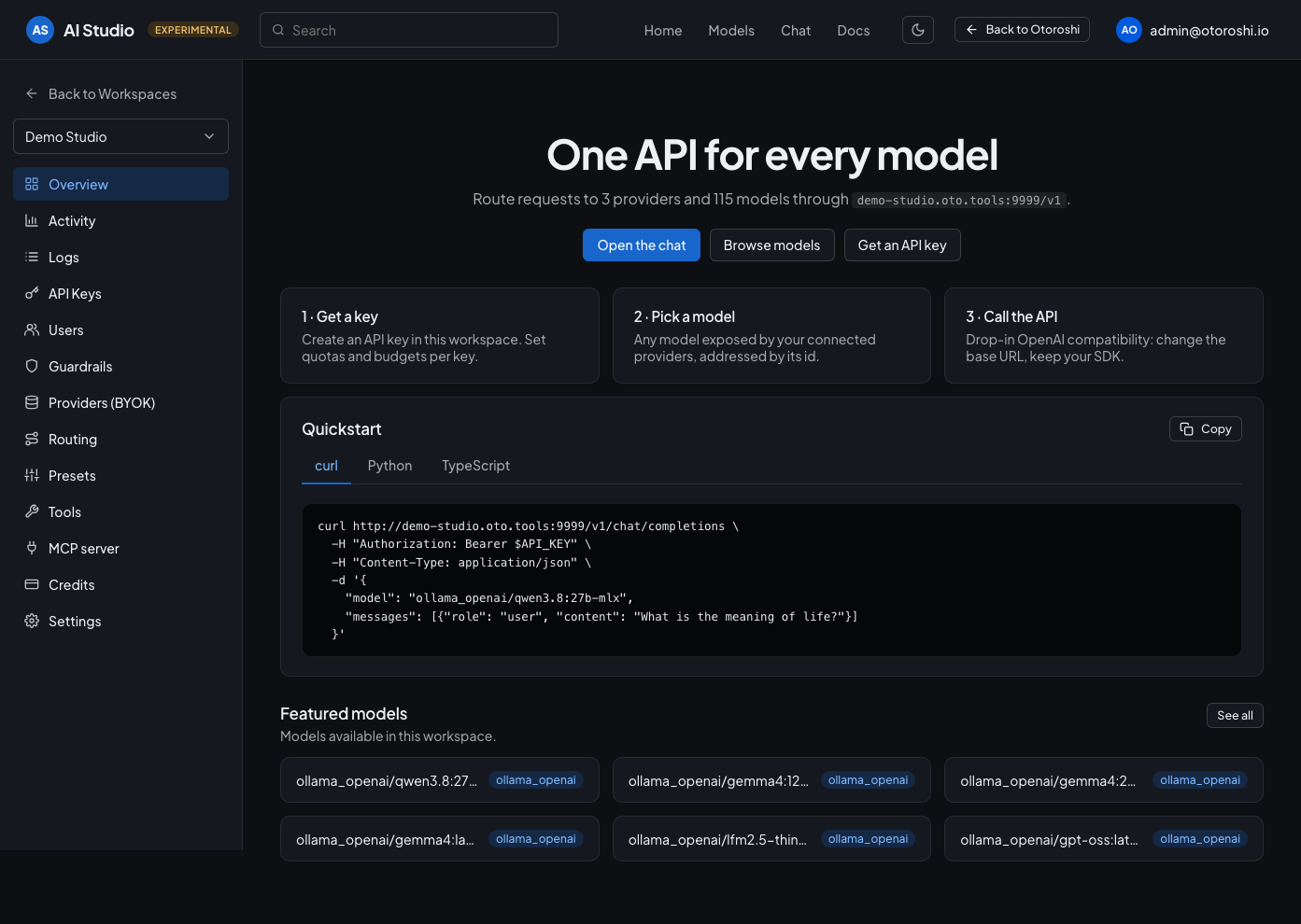 The overview of an AI Studio workspace: base URL, quickstart snippets and featured models