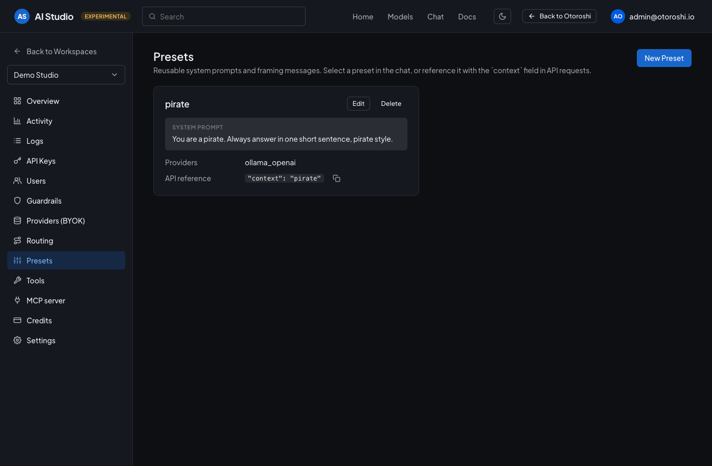The presets page of a workspace