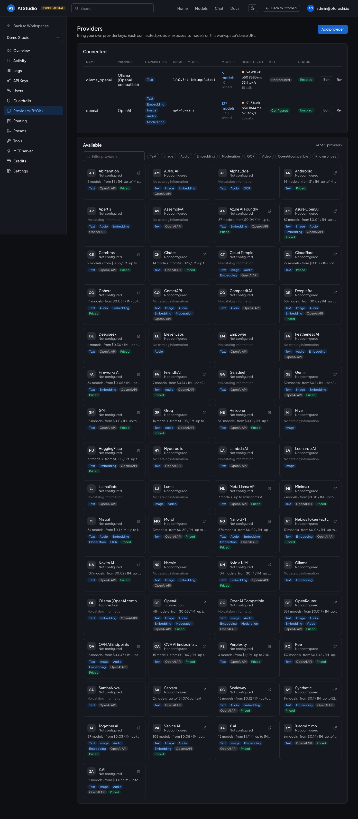 The providers page: connected providers and the catalog of available providers with their capabilities