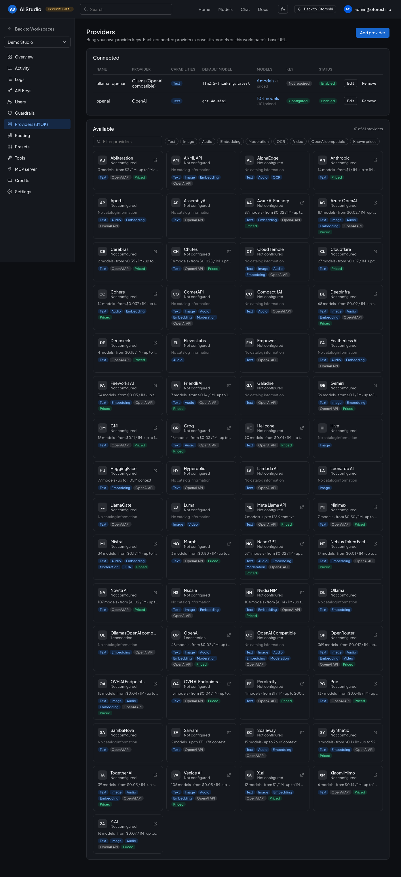 The providers page: connected providers and the catalog of available providers with their capabilities