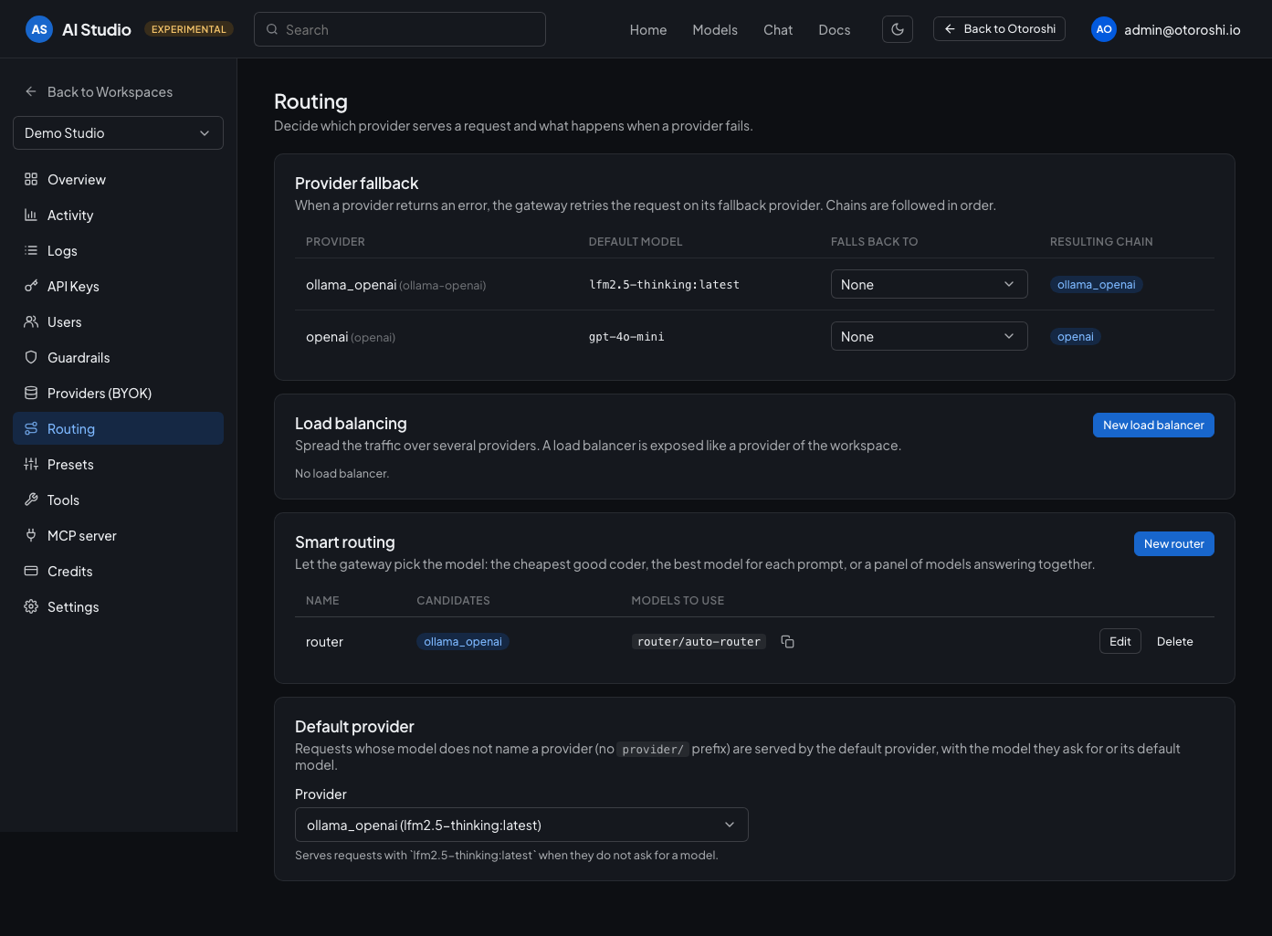 The routing page: provider fallbacks, load balancers, smart routing and default provider