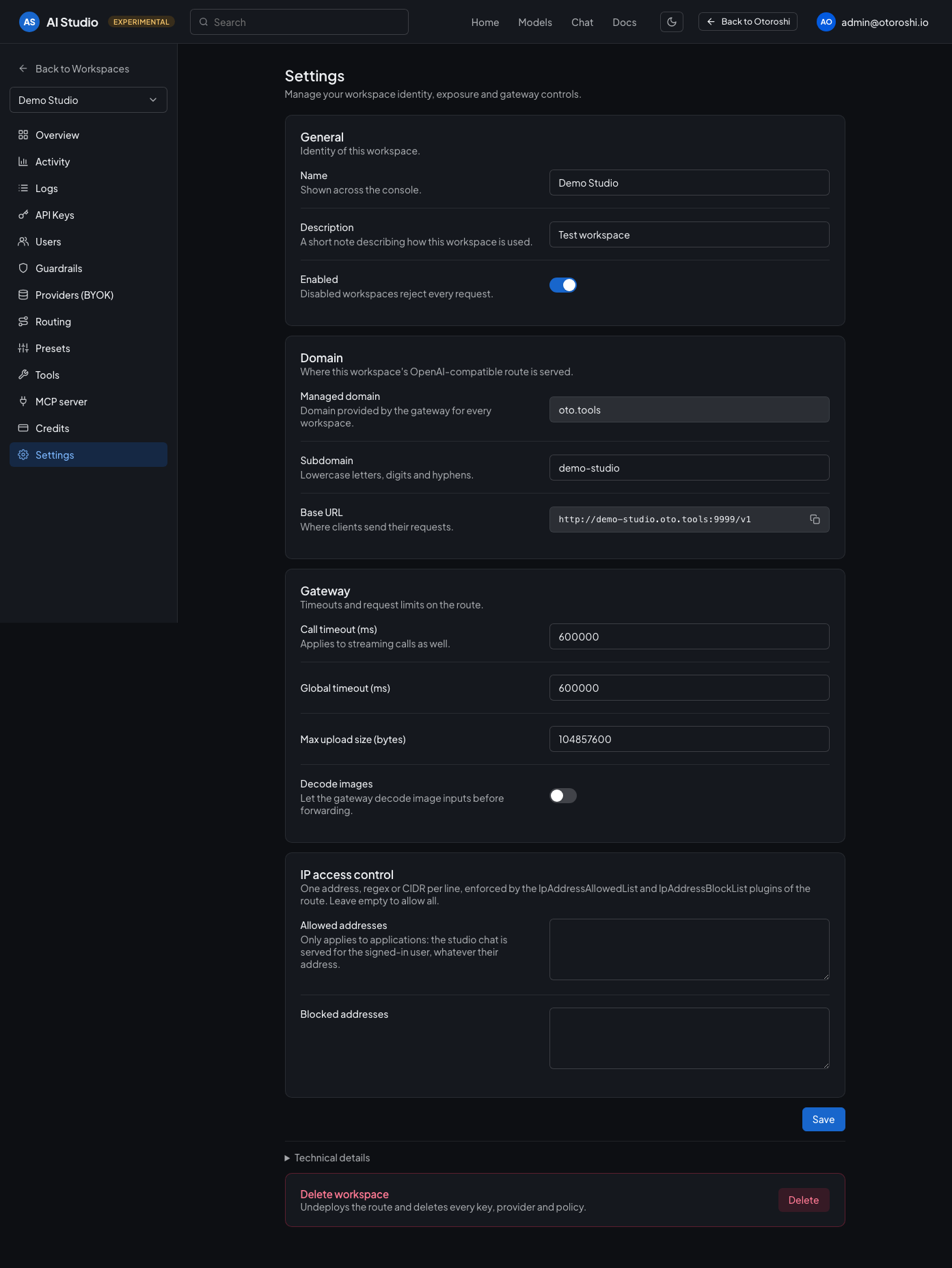 The settings of a workspace: identity, domain, gateway and IP access control