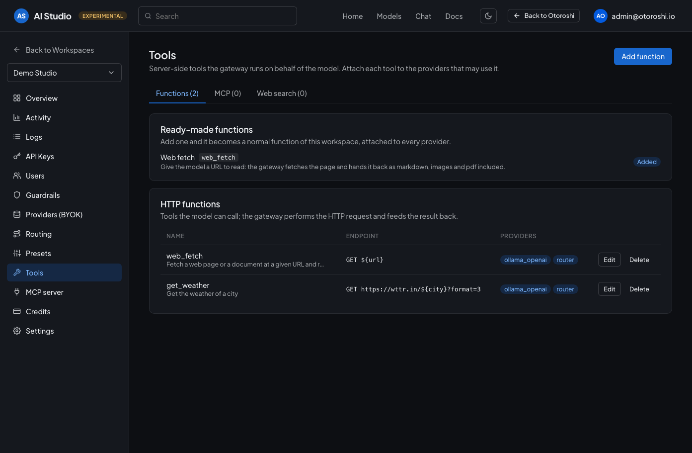 The tools page of a workspace: ready-made functions and the HTTP functions of the workspace