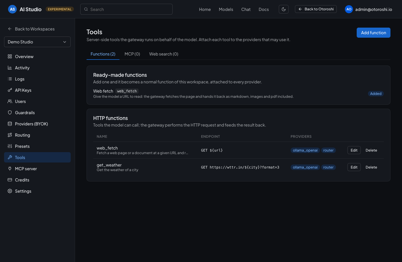 The tools page of a workspace: ready-made functions and the HTTP functions of the workspace