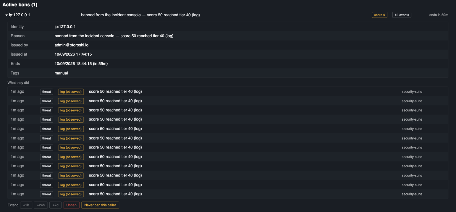A ban opened, showing who issued it and what the caller did