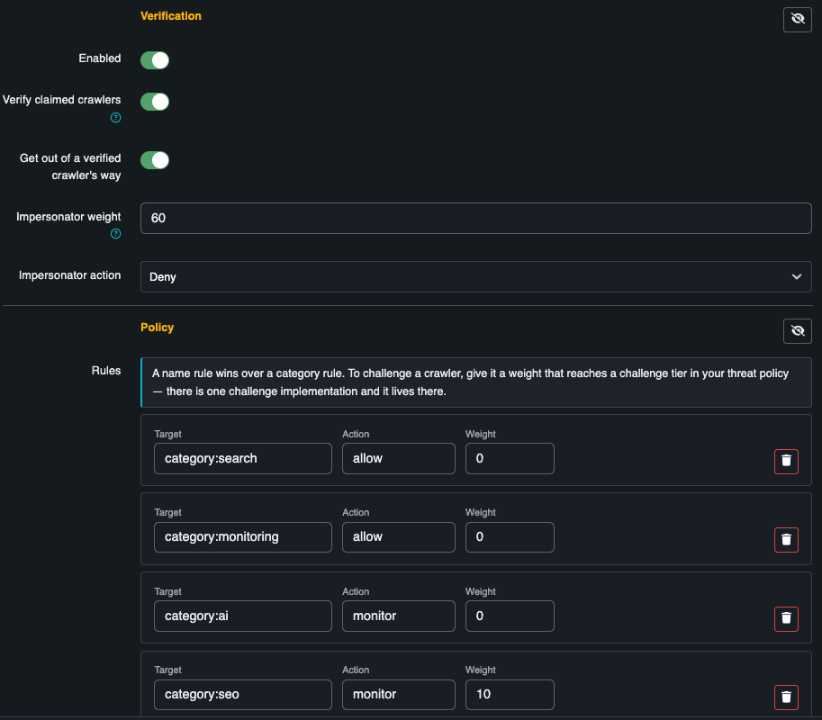 A bot policy: verification settings, then per-category rules