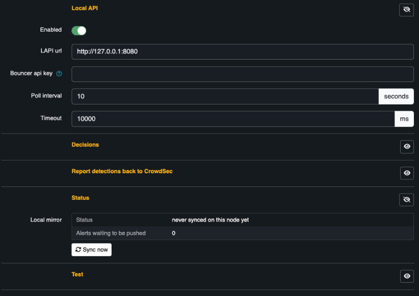 The bouncer form: local API connection, decisions, reporting back, and the local mirror's status