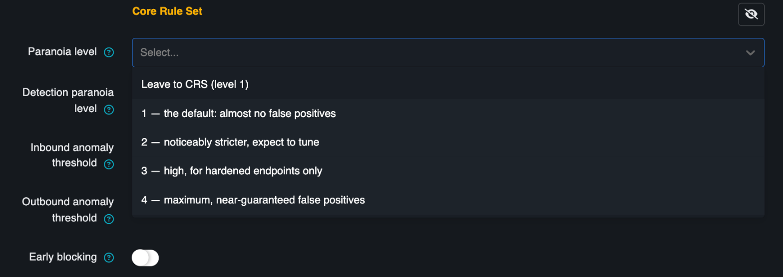 The paranoia level field, with the cost of each level next to it