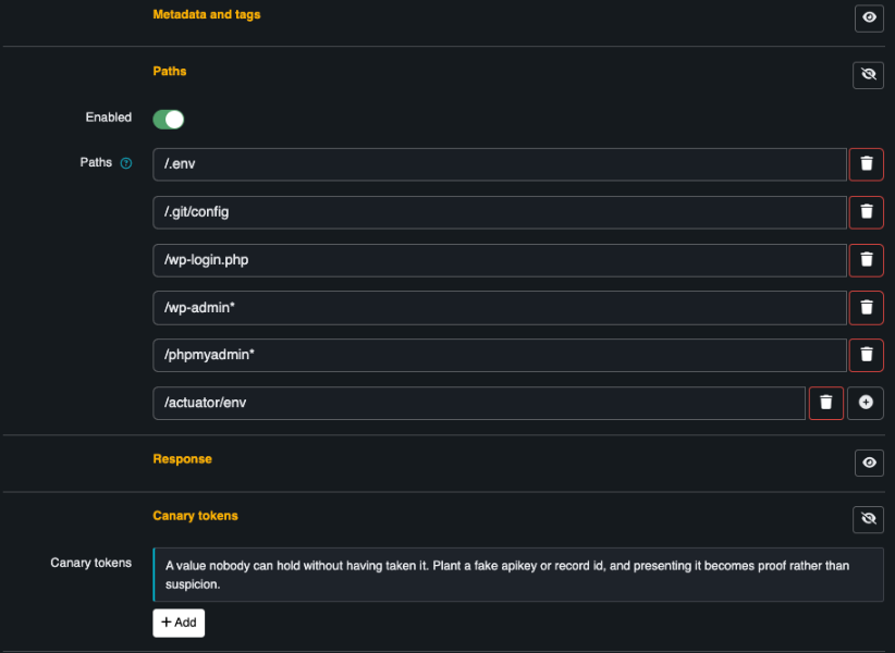 A new honeypot policy, pre-filled with the paths scanners ask for