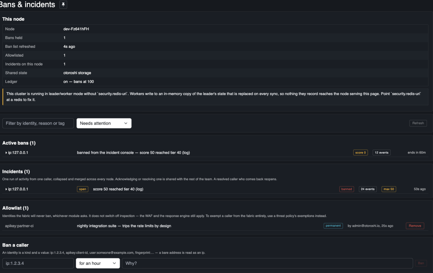 The console: node status, active bans, incidents and the allowlist