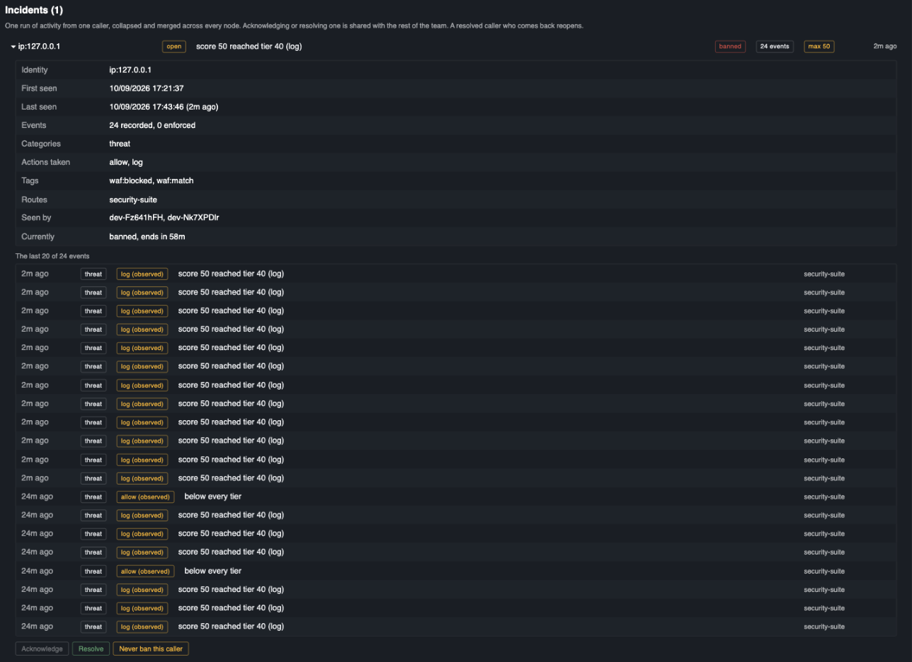An incident opened: counters, the nodes that saw it, and the last twenty events