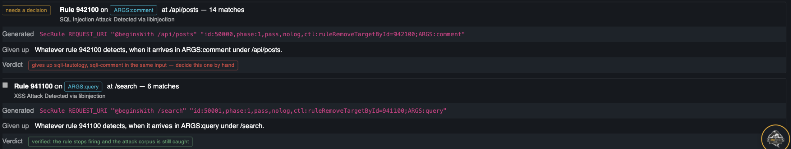 Two proposals: one flagged as needing a decision, one verified and selectable