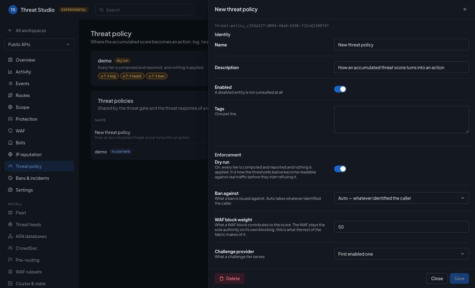 The entity editor: a threat policy open in the drawer, with Delete and Full form beside Save