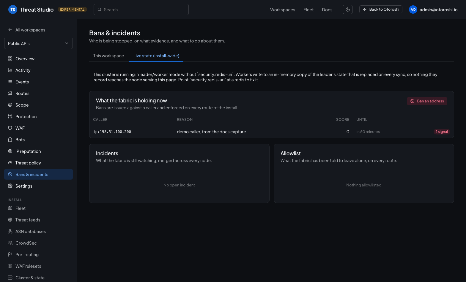 The Bans &amp; incidents page, install-wide: an active ban with its evidence, the open incidents, the allowlist, and a button to ban an address