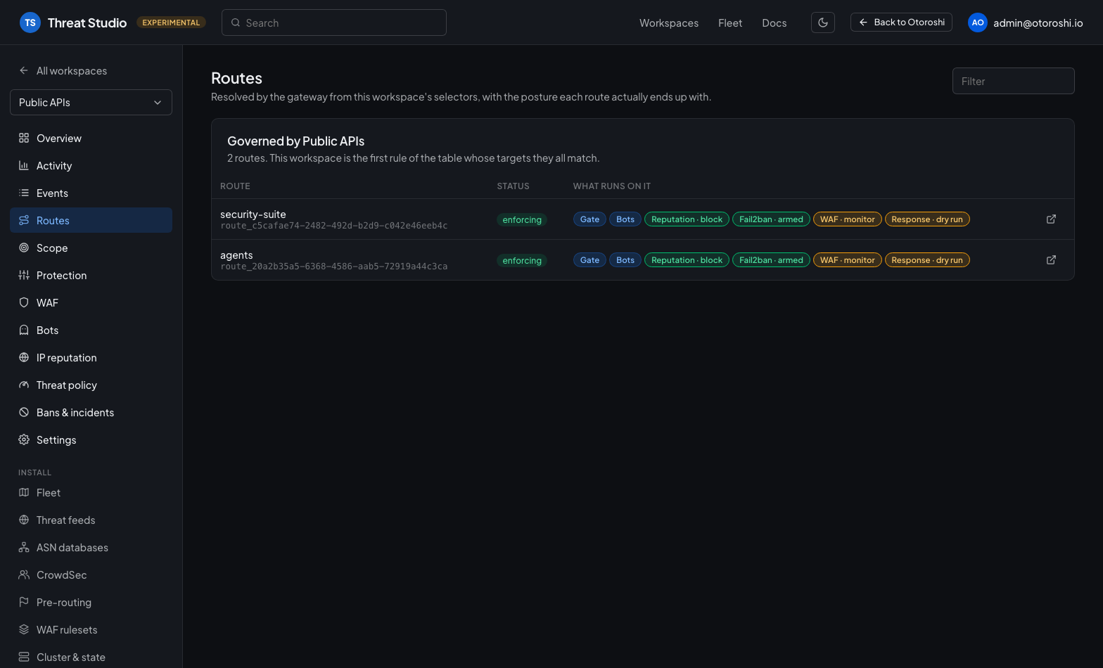 The Routes page: the routes a workspace governs, each with the posture it actually ends up with, and below them the routes it matched but a rule above took