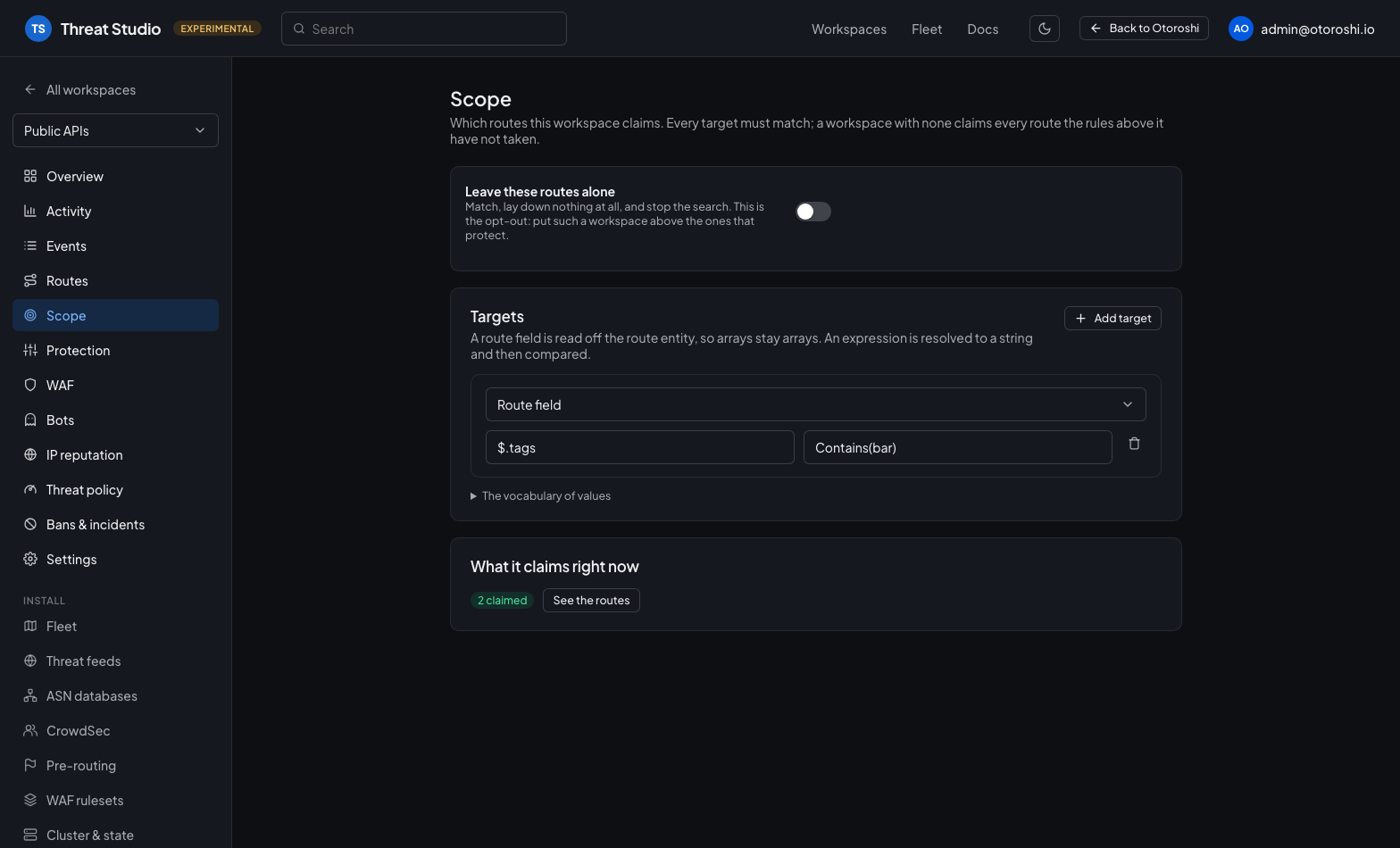 The Scope page: a target on the route tags, and the opt-out toggle above it