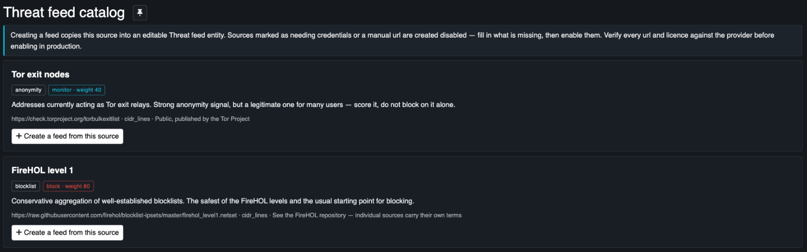 The feed catalog: each source with its kind, its recommended action and weight, its url and its licence