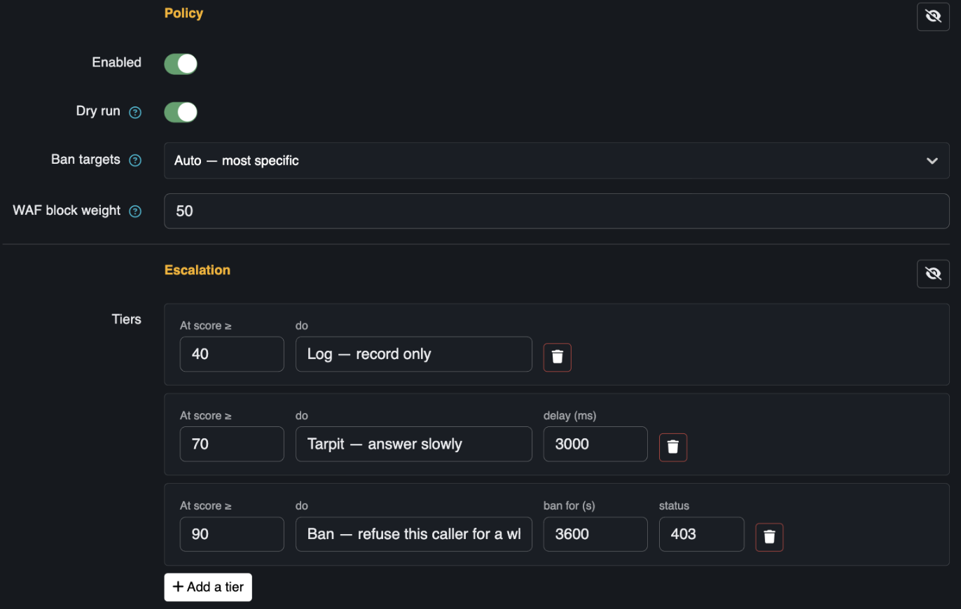 A threat policy with three tiers: log at 40, tarpit at 70, ban at 90, with dry run on