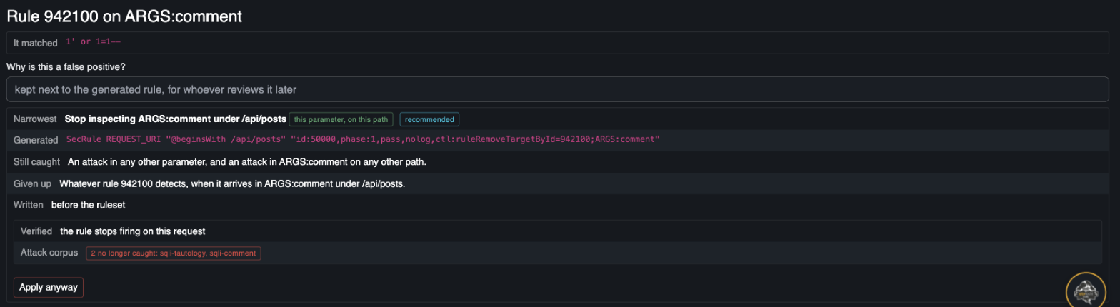 A proposal with its generated SecLang, what it still catches, what it gives up, and the measured verdict