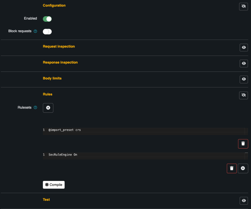 A WAF configuration: enable, block, inspection sections, and the composed rules